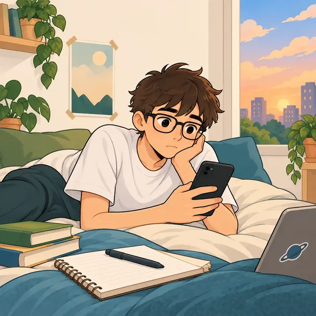 Ilustração de um adolescente com o celular em sua rotina de estudos